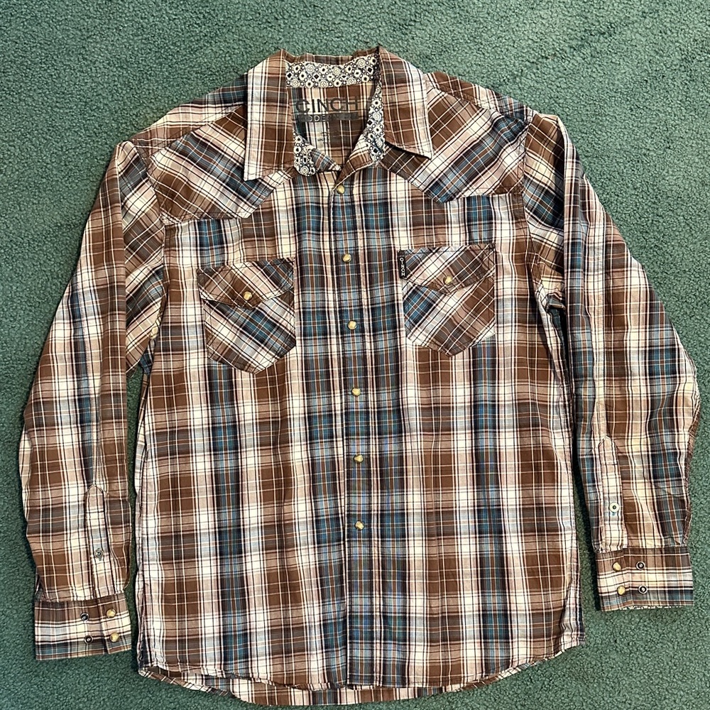 Cinch Men's Brown and Blue Plaid Button Down Shirt
